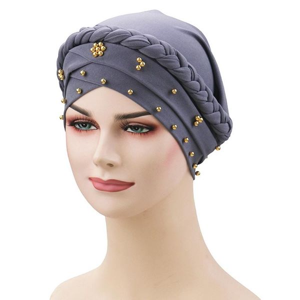 

berets elegant crystal pearls turban cap ruched knotted hat women muslim hijab islamichead scarf ladies head wrap, Blue;gray