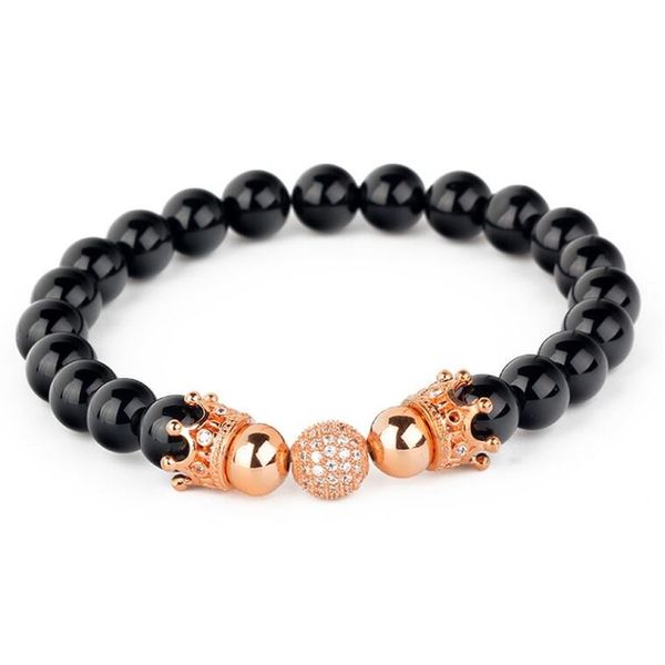 

fashion natural black onyx matte stone beads double crown cz ball elastic bracelets jewelry for men women pulseras mujer bijoux