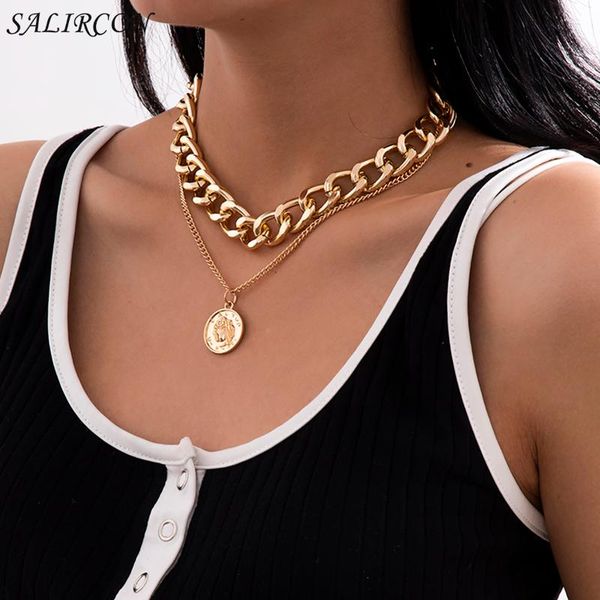

punk thick chain coin pendant necklace for women men jewelry vintage simple gold color portait choker gift friend necklaces, Silver