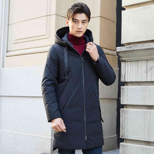 

long hooded ribbon winter men's down jacket, Black