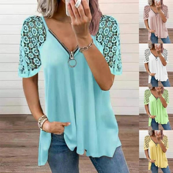 

women's tanks & camis 1 pc short sleeve lace stitching short-sleeved 2021 loose fashion blue summer v yellow t-shirt pink green zipper, White