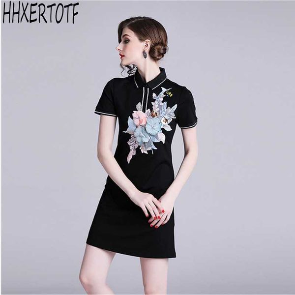 

summer fashion women turn down collar short sleeved embroidered three-dimensional flower stretch bag hip casual dress 210531, Black;gray