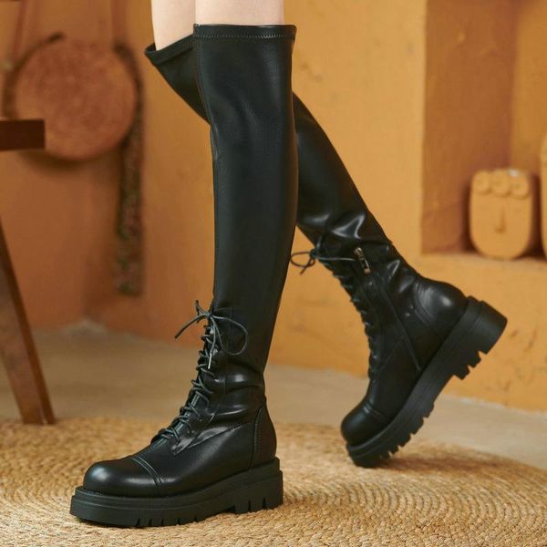 

boots genuine leather over the knee pound toe chunky high heels platform winter est party night club shoes woman, Black