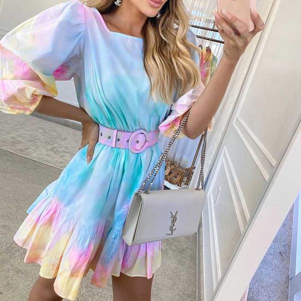 

dresses autumn elegant tie-dye print pleated party mini women vintage lantern sleeves ruffle sweet ladies casual belt 5qy2 kdjc, Black;gray