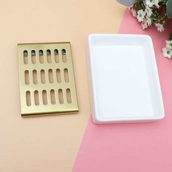 

soap dishes 1pc dish ceramic stainless steel holder double layer draining box (white and golden steel)