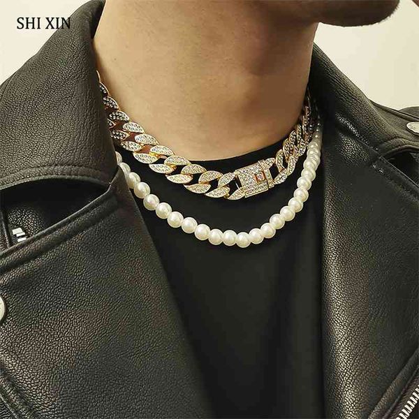 

shixin hip hop iced out link chain on the neck rhinestone/pearl choker necklace for women/men statement jewelry collier, Silver