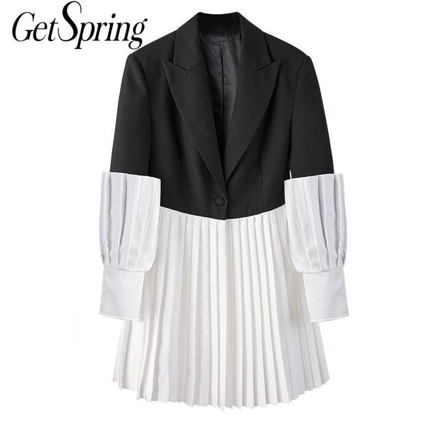 

getspring women blazer color mathcing suit puff sleeve loose long ladies coat fashion 's jacket 210601, White;black