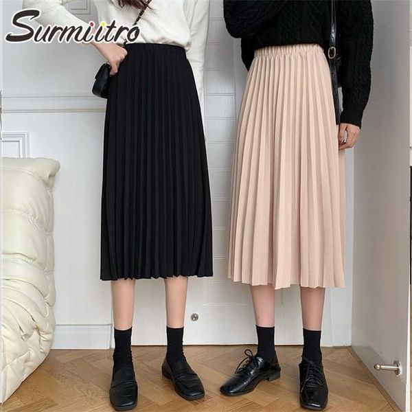 

surmiitro fashion autumn winter midi long pleated skirt women korean style black mid-length high waist a line female 211214