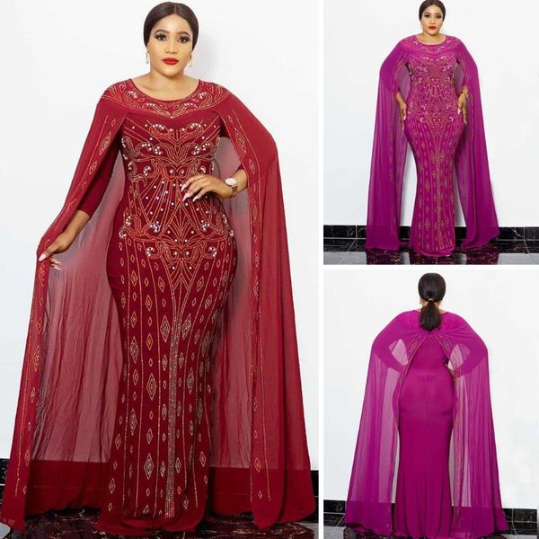 

ethnic clothing african fashion style pencil dress beads diamond round collar thin material chiffon female long party evening africa dashiki, Red