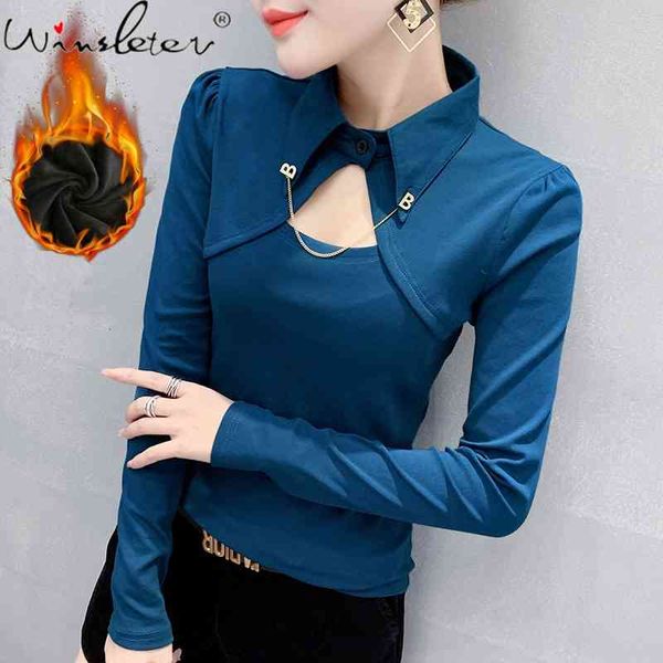 

women's t-shirt fall winter european clothes chic hollow out turndown collar cotton women with fleece all match tees t0d, White