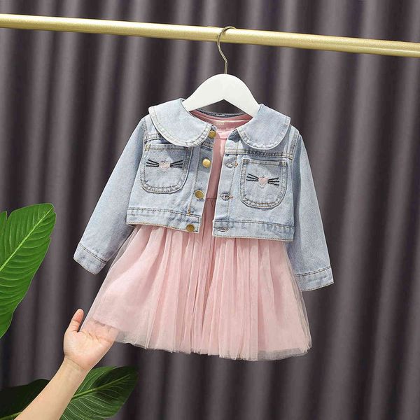 Bebek Kız Prenses Giyim Seti Bahar Sonbahar Denim Ceket + Örgü Elbise Kız Çocuklar Moda Takım Elbise 1-6age G1129