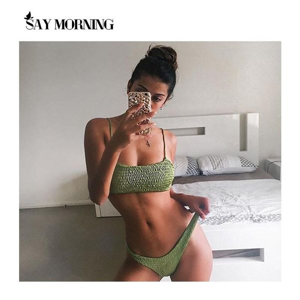 

women's swimwear say morning triangle bikini set two-piece pleated textured swimsuit 2021 bathing suits beach wear swimming suit, White;black