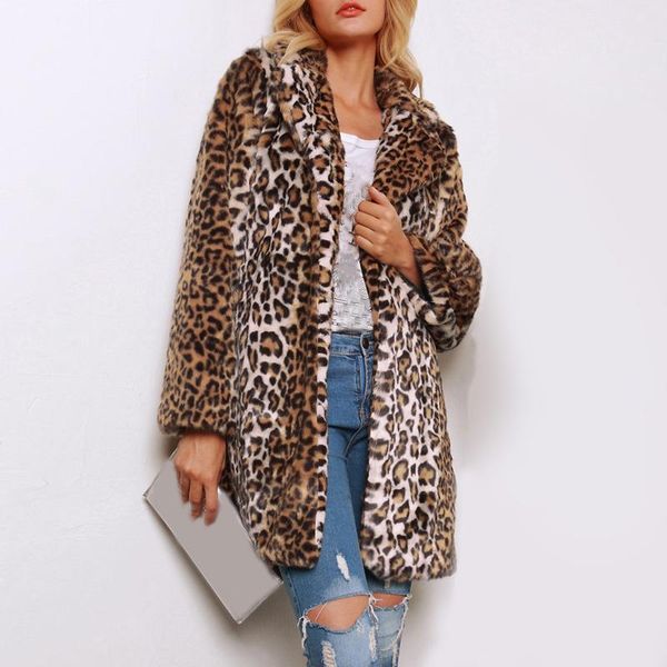 

women's wool & blends fashion women leopard printed long sleeve lapel jacket casual faux fur plush loose cardigan coat outwear chaqueta, Black