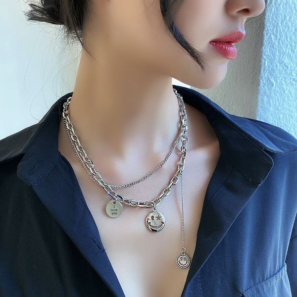 

korean ins titanium steel smiling face necklace women's clavicle chain bib statement choker necklace pendant women's fashion hip-h, Golden;silver