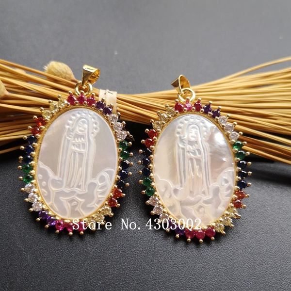 

pendant necklaces 5pcs/lot cz natural virgin of fatima mother pearl shell lady mop charms for gift, Silver