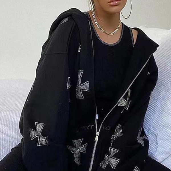 

women's hoodies & sweatshirts fashion rhinestone cross print y2k zip up e-girl 90s vintage long sleeve coat oversized gothic jacket aut, Black