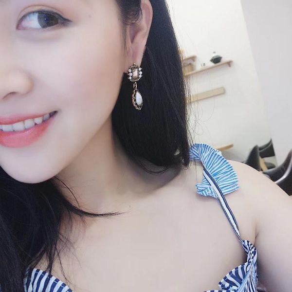 

korean style vintage square rhinestone water drop pearl pendant statement dangle earrings for woman temperament & chandelier, Silver