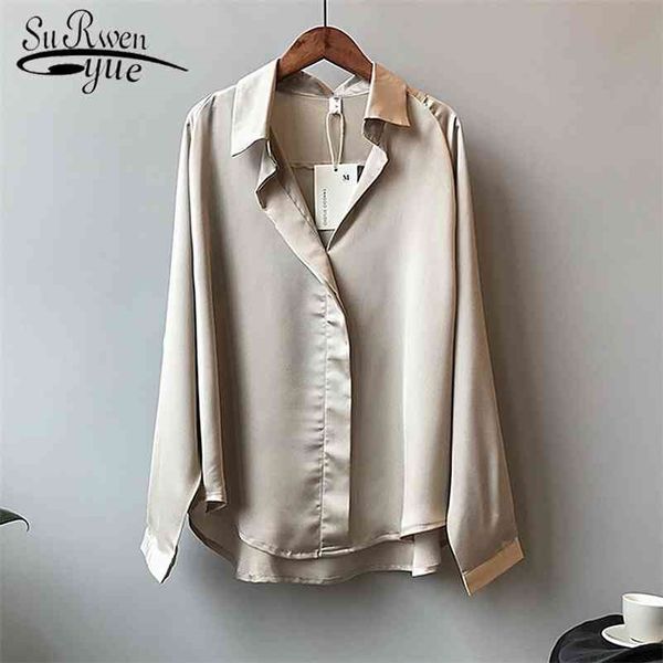 

spring autumn new korean fashion clothing satin blouse vintage femme v-neck street shirts elegant imitation silk blouse 5273 210323, White