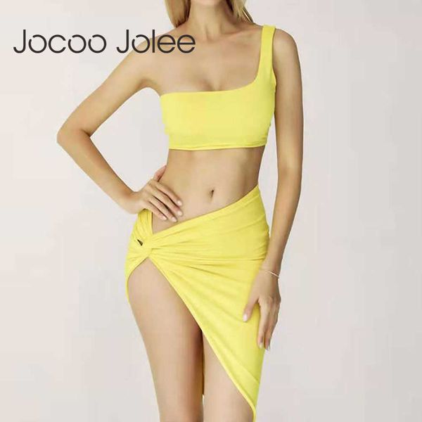 

jocoo jolee women summer solid one-shoulder irregular pleated party club tank and mini skirts two-piece set 210619, White