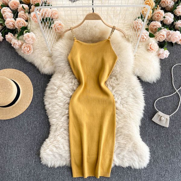 

two piece dress knit women fashion summer chain spaghetti strap solid sleevless backless tight fit mini bodycon party g9zh, White