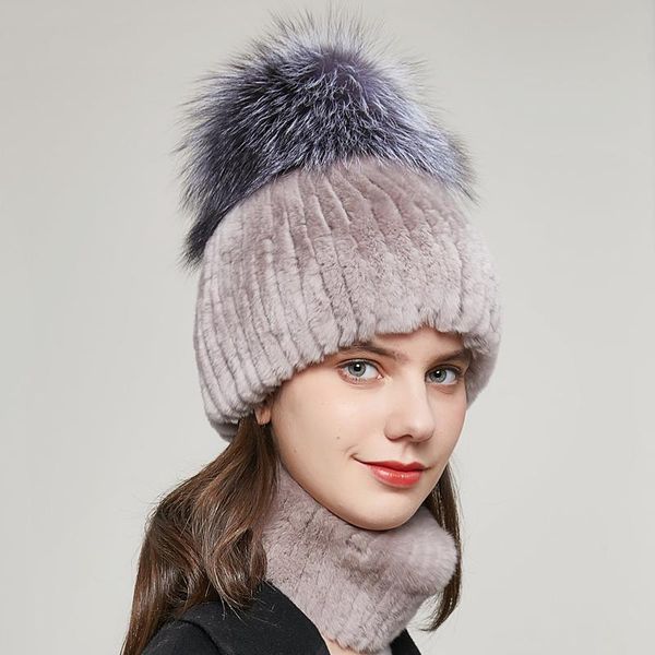 

berets women's winter rex fur hat knit stripe and silver ball ear protection luxury beanie caps, Blue;gray