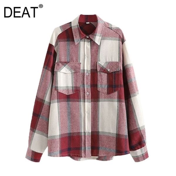 

[deat] spring fashion single-breasted lattice long sleeve turn-down collar loose casual women shirt 13q019 210527, White
