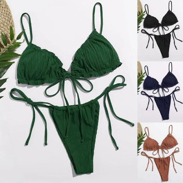 

women's swimwear 2pcs/set solid color bikinis set women triangle padded bra bandage briefs two piece bikini swimsuit mujer, White;black