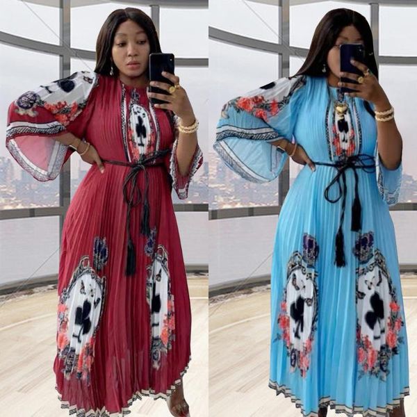 

african maxi dresses women 2021 pleated flared sleeves loose elegant evening long robe party with waistband daily bazin ethnic clothing, Red