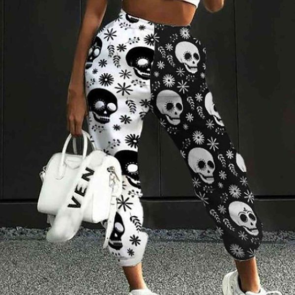 

skull printed sports sweatpants womens capris fashion elastic waist color block street joggers trousers with pockets female pants 11styles, Black;white