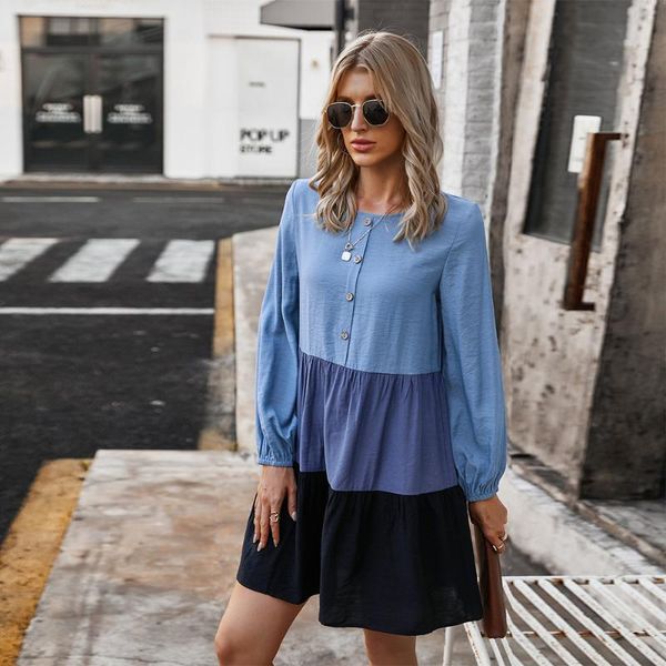 

casual dresses 2021 spring and summer women simple dress patchwork full mouwen o-neck button, Black;gray