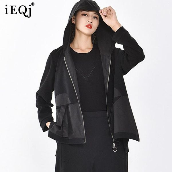 

women's jackets ieqj women black pocket big size coat hooded long sleeve pockets loose fit jacket fashion tide spring autumn 2021 3d014, Black;brown