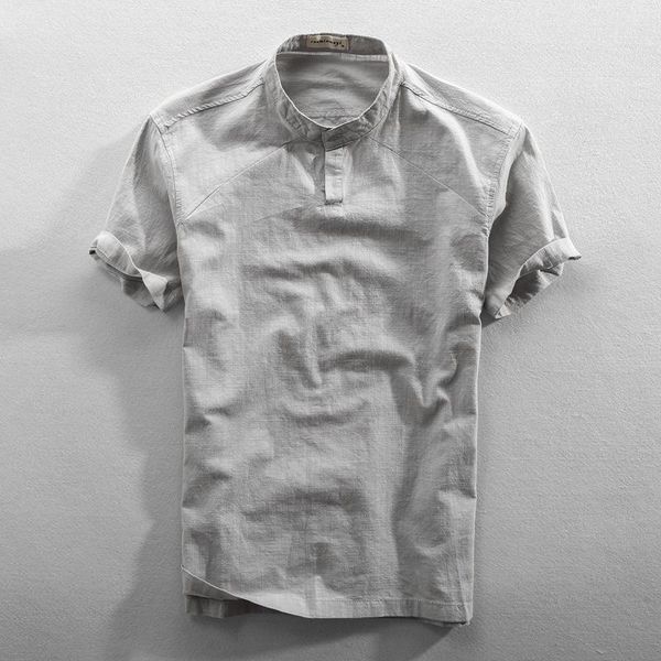 

men's casual shirts 2021 summer linen shirt chinese style loose stand collar cotton short sleeve clothing, White;black