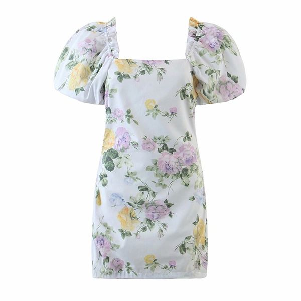 

summer women floral print puff sleeve dress female square neck bodycon mini sundress robe party pencil vestido 210514, Black;gray