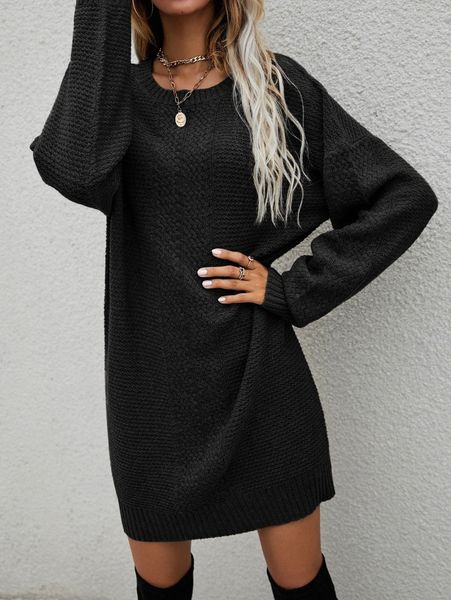 

drop shoulder solid sweater dress g2f9#, Black;gray