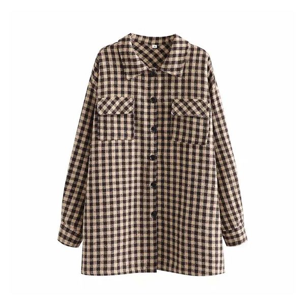

women's jackets 2021 autumn lady vintage casual plaid jacket women fashion brown lapel single breasted long sleeves ladies coat, Black;brown