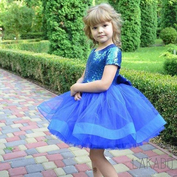 

lovely royal blue sequined tulle toddler short sleeve birthday flower girl dresses with bow first communion girl's, Red;yellow