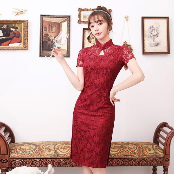 

ethnic clothing summer embroidery chiffon knee-length qipao traditional chinese women short sleeve dress daily student cheongsam, Red