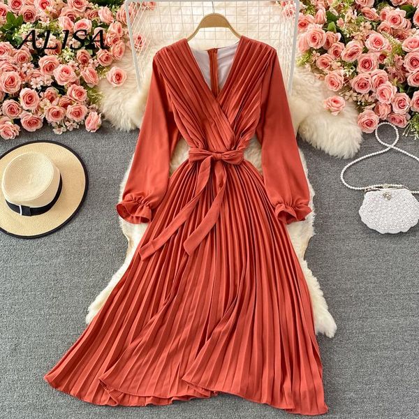 

casual dresses women elegant pleated dress spring autumn v neck a line chiffon ladies french bandage midi vestidos, Black;gray