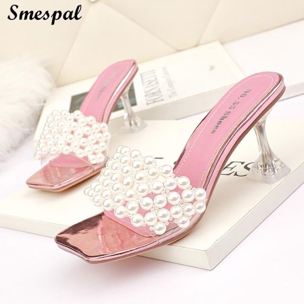 

sandals women fashion chic high heels slippers covered with artificial pearls heel hight = 7cm, Black