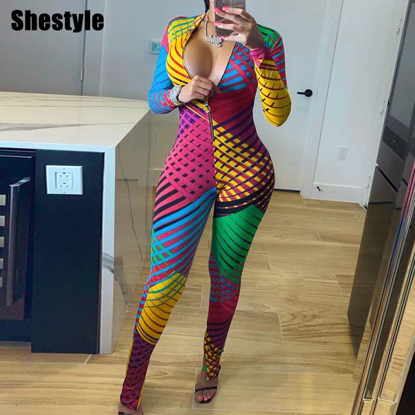 

shestyle colorful plaid bodycon jumpsuits women front zip slit flare leg streetwear mock neck sporting casual clothesby a, Black;white