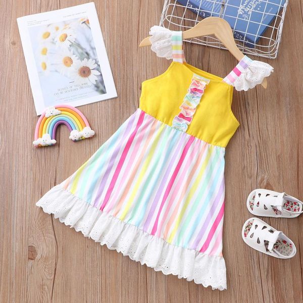 

girl's dresses toddler baby girls dress lace ruffles rainbow printed sleeve striped princess summer casual cute born clothing 2021, Red;yellow
