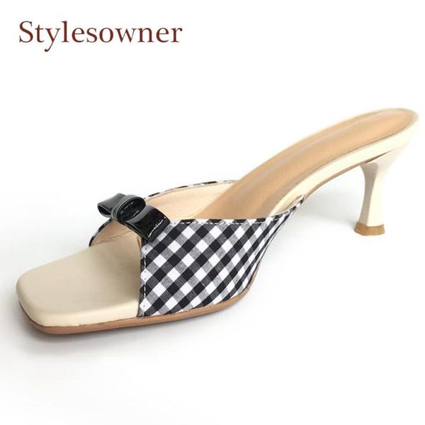 

slippers stylesowner sweet bowtie patchwork women summer slides plaid fabric open toe 5cmhheel sandal butterfly knot shoes, Black