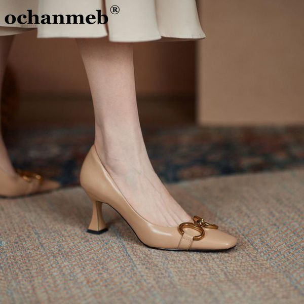 

ochanmeb chic gold metal chain shoes women cow natural genuine leather pumps thin high heeled square toe office ladies dress, Black