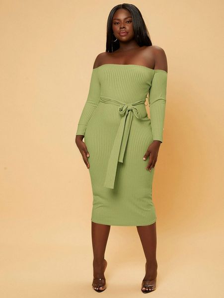 

sxy plus off shoulder belted bodycon dress e2zf#, Black