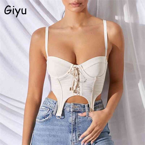 

giyu mesh crop women camis summer lace up bandage spaghetti strap backless camisole elegant blusas femininas 210625, White