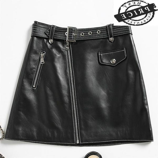 

skirts sheepskin mini real skirt genuine leather womens autumn elegant ladies office faldas mujer moda 2021 lwl1605, Black