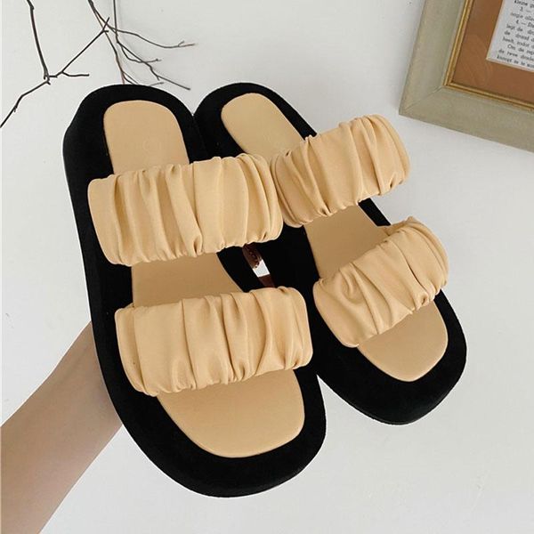 

dress shoes women summer sandal slippers pleated open toe platform high heels sandals wedge heel casual female beach slides chassures femme, Black