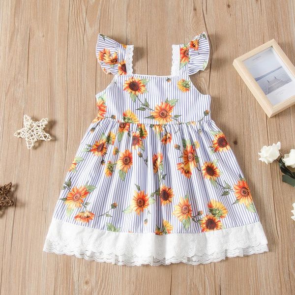 

girl's dresses baby girl dress lace patchwork striped sunflower print fashion sleeve kids party princess for girls 2-7years, Red;yellow