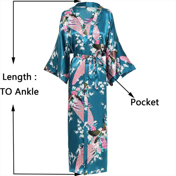 

classic chinese evening robes print women sleepwear peacock nightwear kimono robe bath gowns satin long plus size home dress, Black;red
