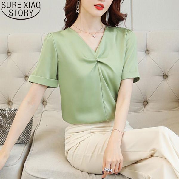 

women's blouses & shirts office lady blusas mujer de moda 2021 summer women elegant short sleeve solid blouse shirt v-neck womens cloth, White